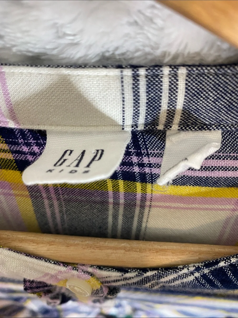 GAP kids Plaid Button Front Dress in Navy, Yellow & Lavender